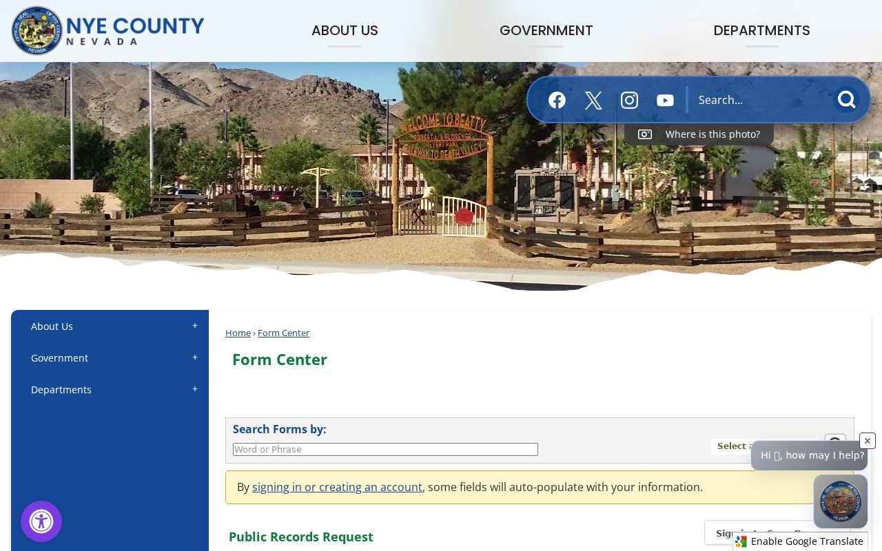 Nye County public-record request fields for warrant search access