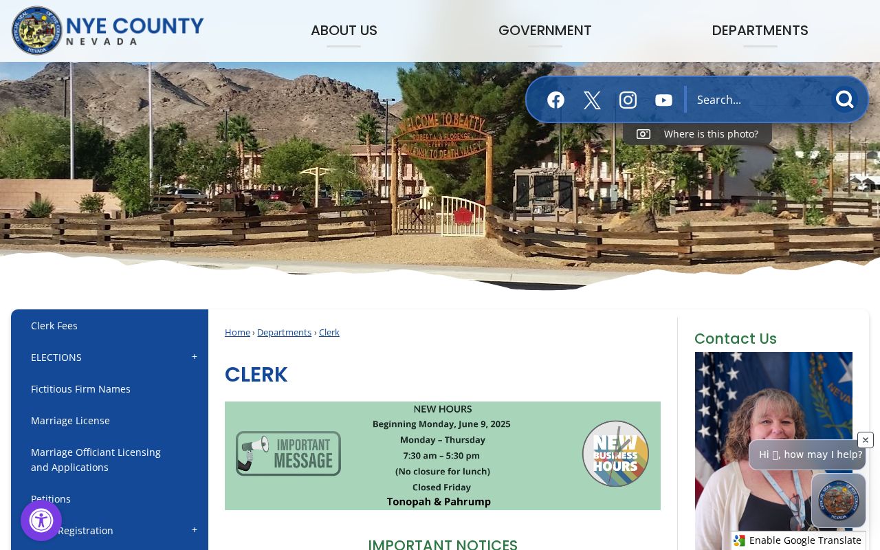 Nye County Clerk office distinction for warrant records