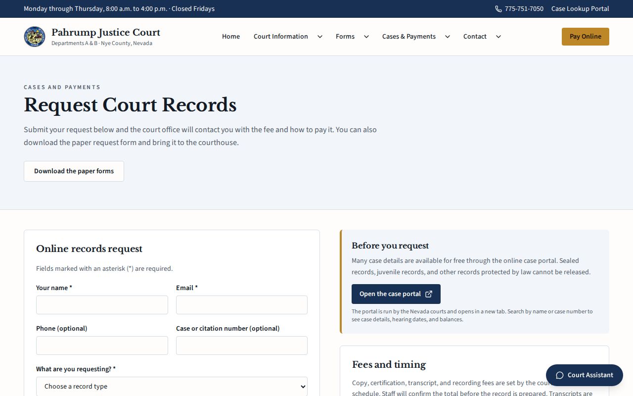 Pahrump Justice Court records request route for Nye County warrant records