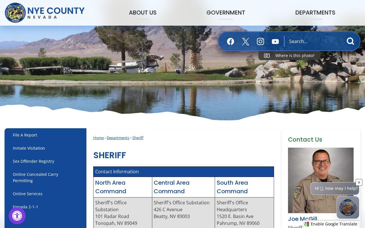 Nye County Sheriff area command contacts for warrant records